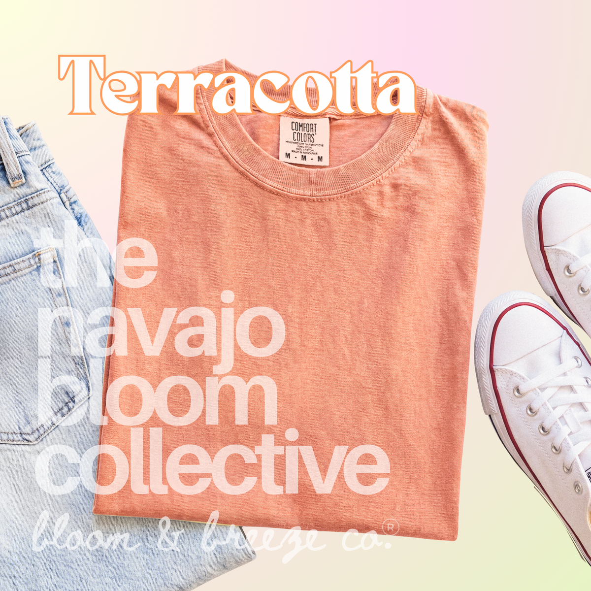 Terracotta colored comfort colors flatlay with jeans and sneakers