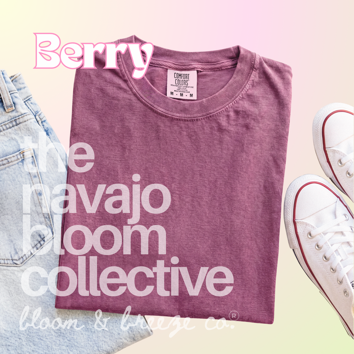 Faded maroon colored comfort colors flatlay with jeans and sneakers