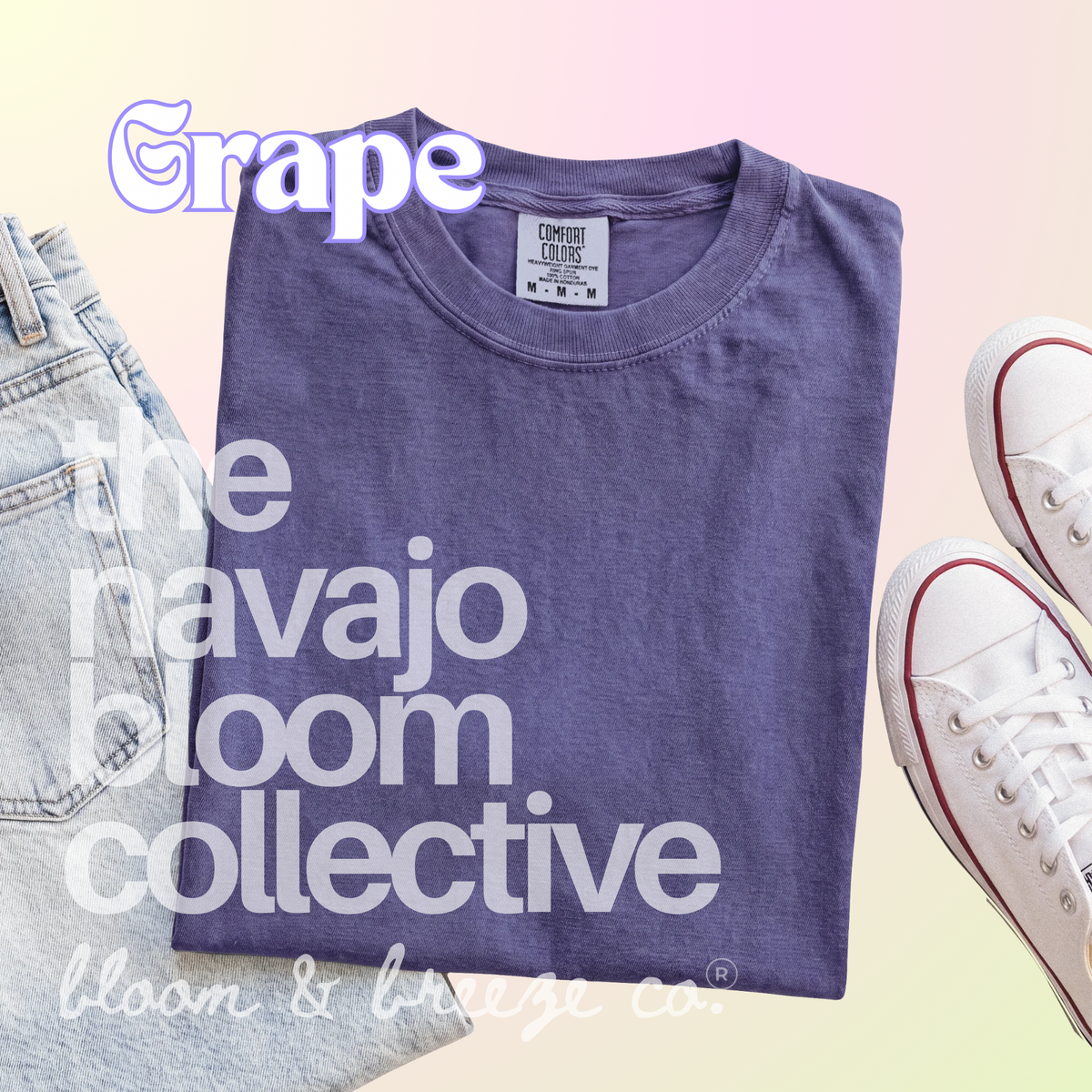 Faded dark purple colored comfort colors flatlay with jeans and sneakers