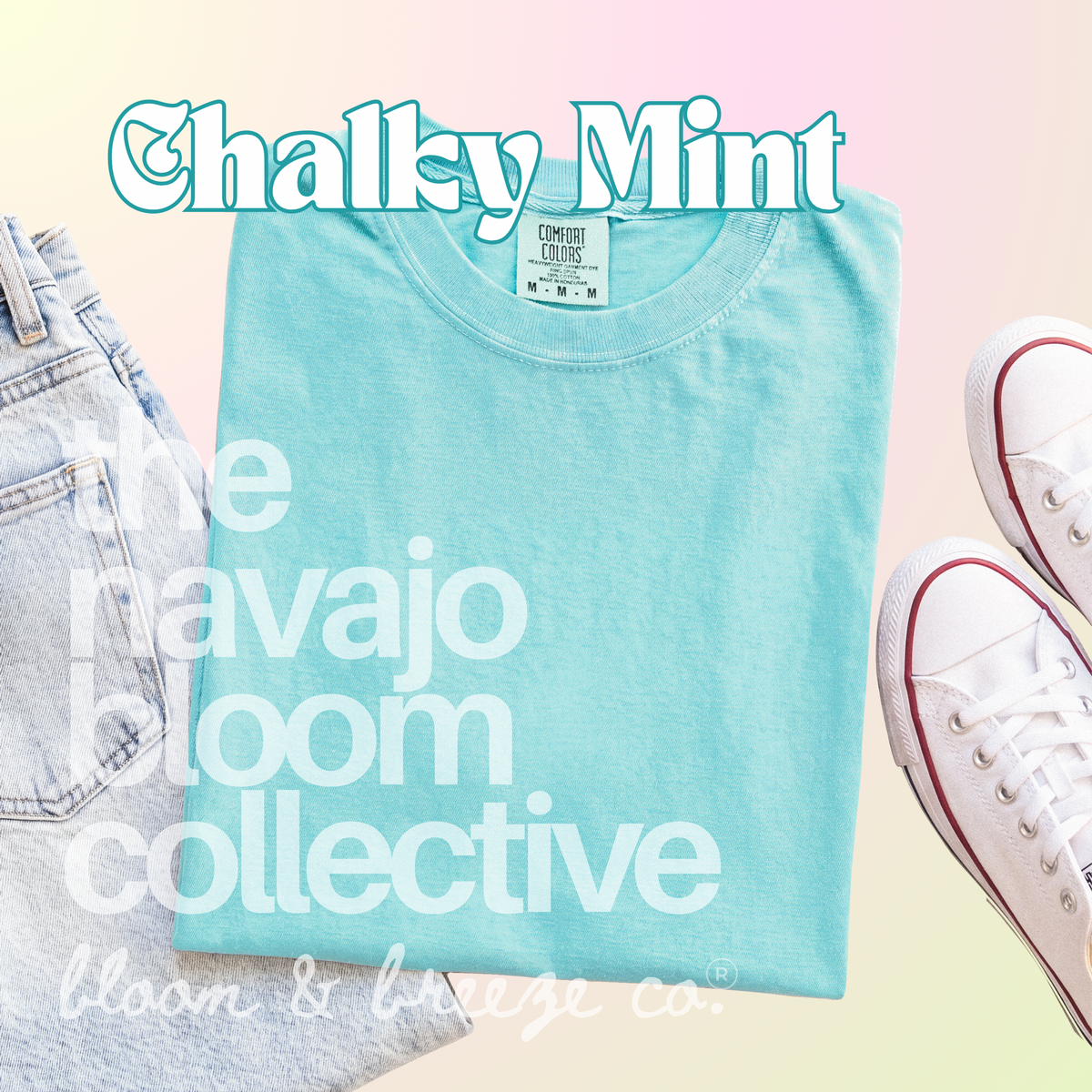 Neon aqua light colored comfort colors flatlay with jeans and sneakers