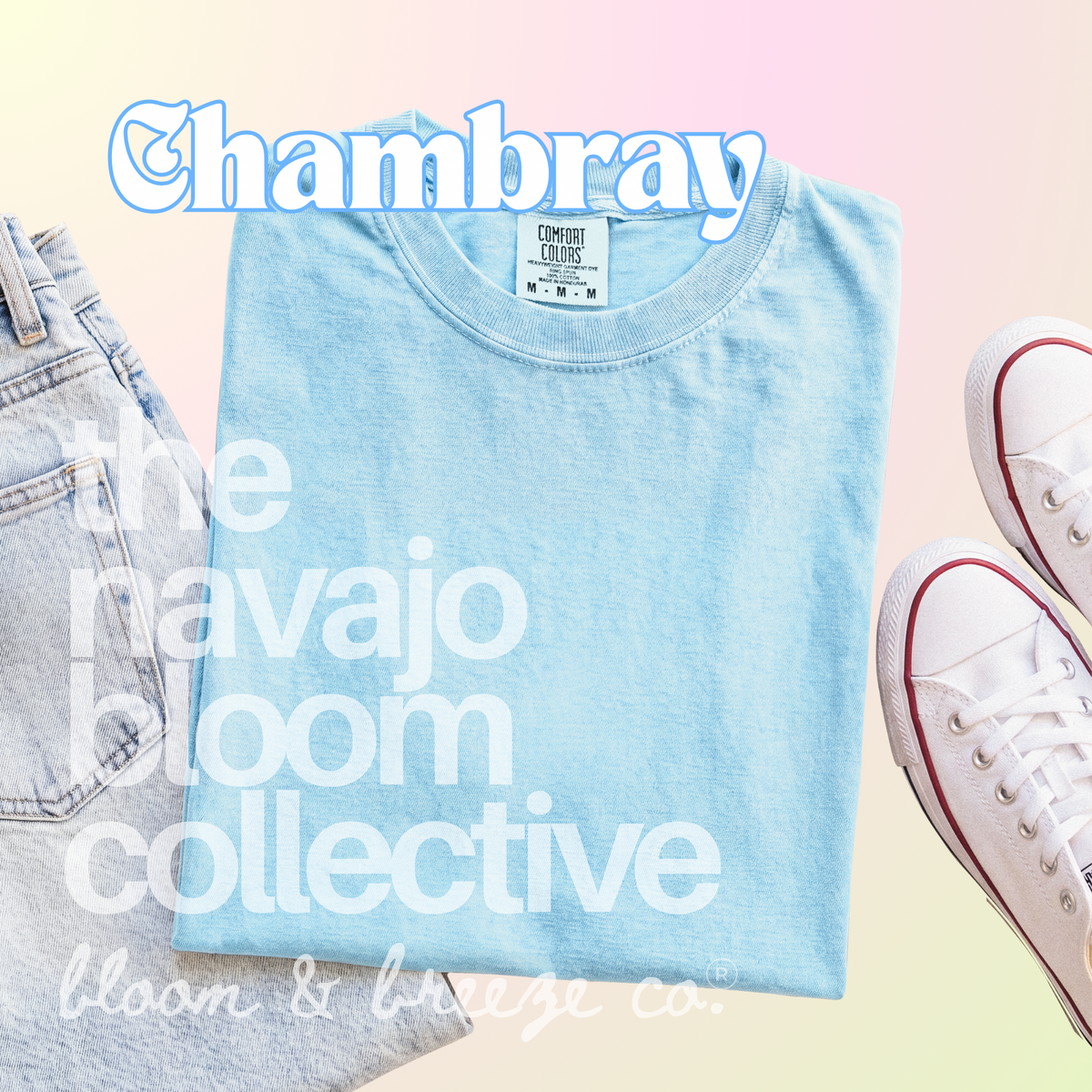 Light blue colored comfort colors flatlay with jeans and sneakers