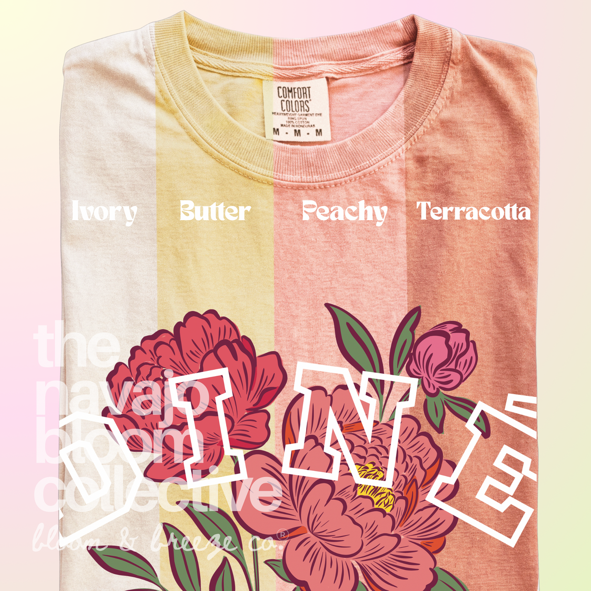 Diné Blossom floral tee in Ivory, Butter, Peachy, and Terracotta.