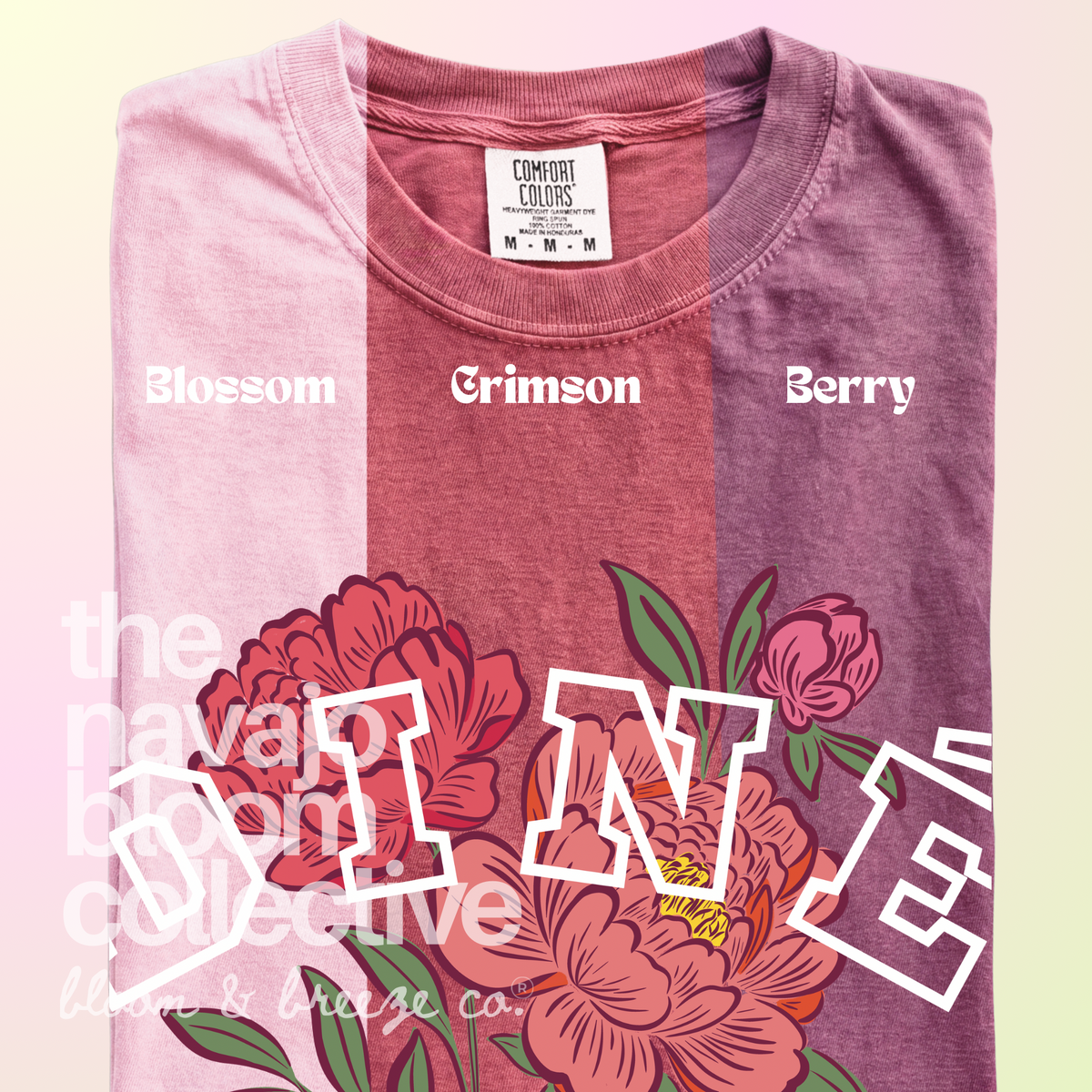 Diné Blossom floral tee in Blossom, Crimson, and Berry.