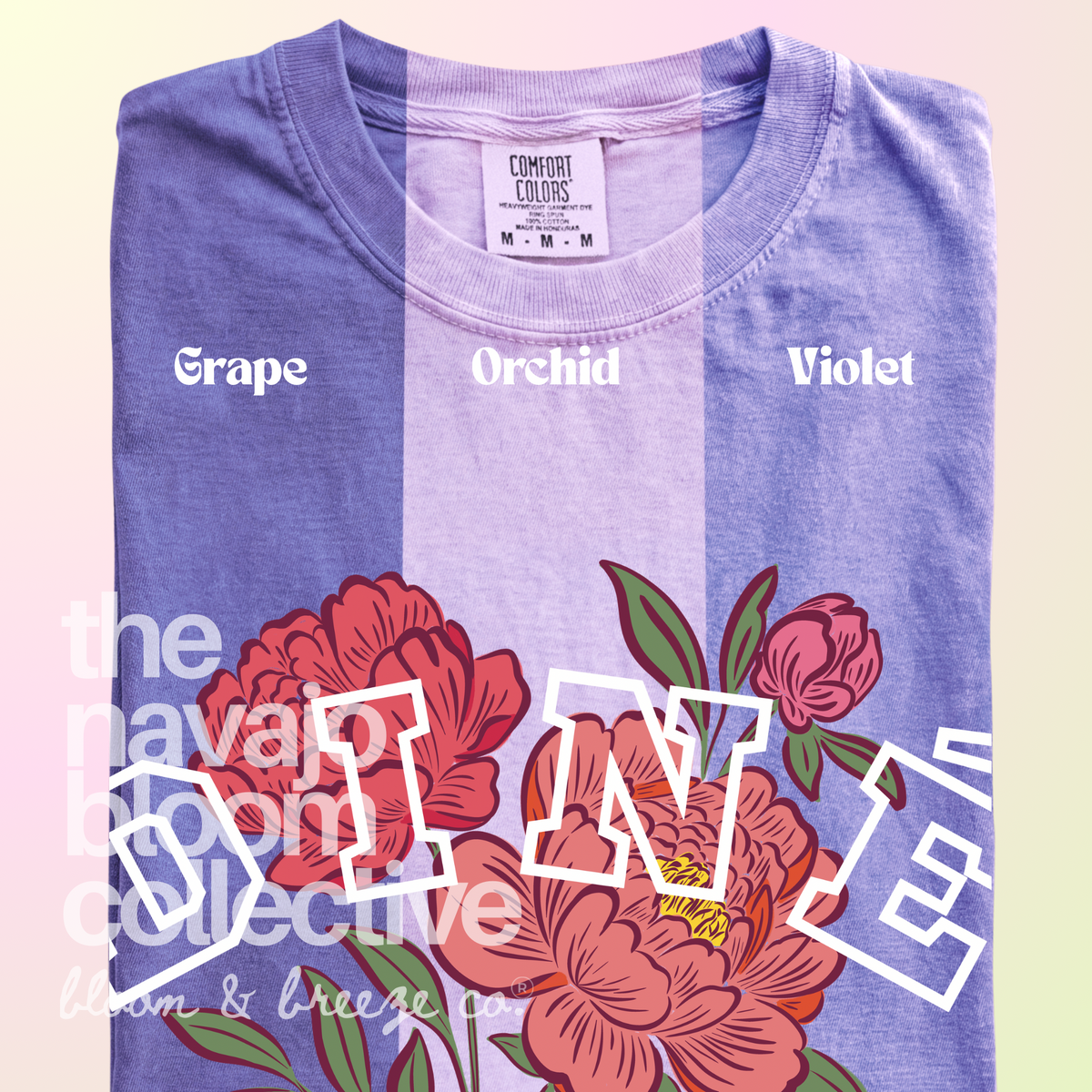 Diné Blossom floral tee in Grape, Orchid, and Violet.