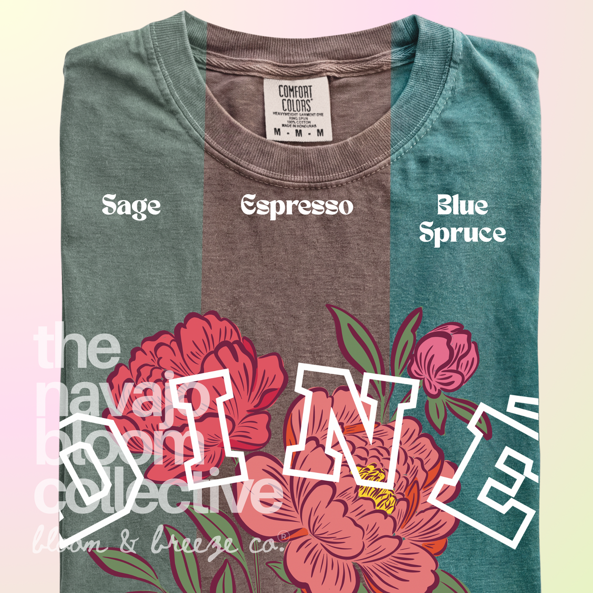 Diné Blossom floral tee in Sage, Espresso, and Blue Spruce.