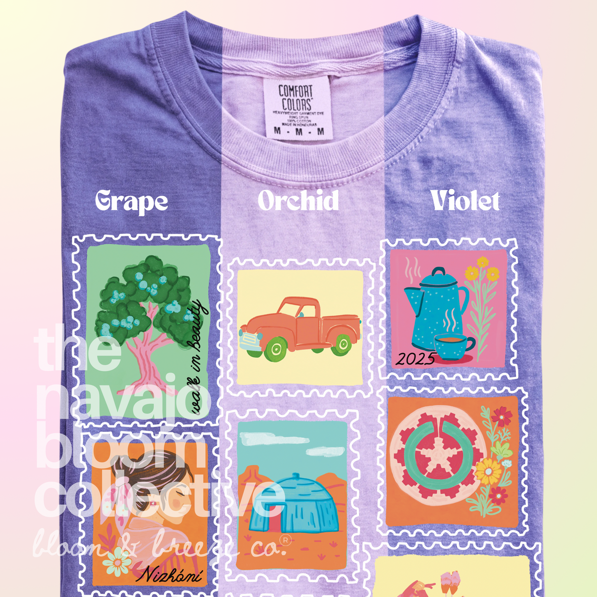 Dear Nizhóní stamp-style artwork on a folded Comfort Colors tee, comparing Grape, Orchid, and Violet.