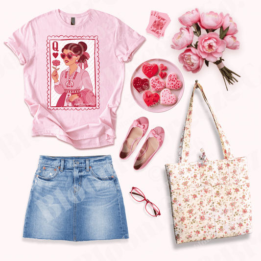 Pink t-shirt with graphic design, denim skirt, floral tote bag, pink shoes, and heart-shaped cookies on a white background.