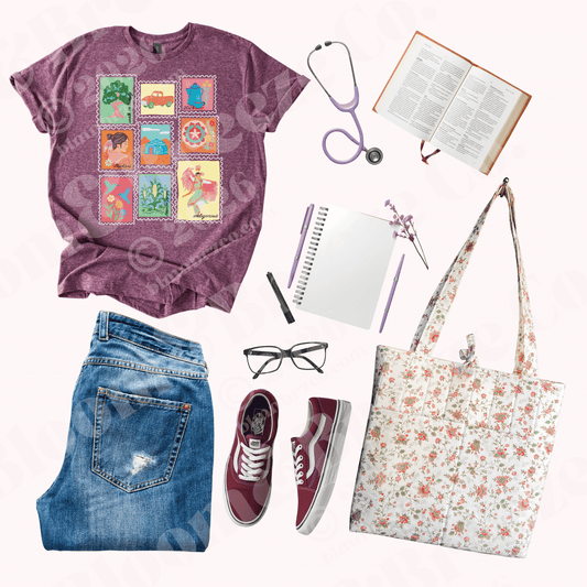 Collage of a purplish heather maroon t-shirt with colorful designs, jeans, maroon sneakers, a floral tote bag, glasses, a stethoscope, notebook, and pen on a white background.