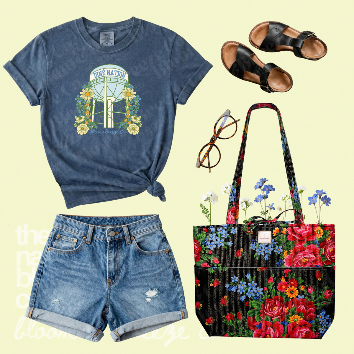 Blue Diné Nation water tower graphic tee styled with denim shorts, black sandals, glasses, and a black floral quilted tote bag.