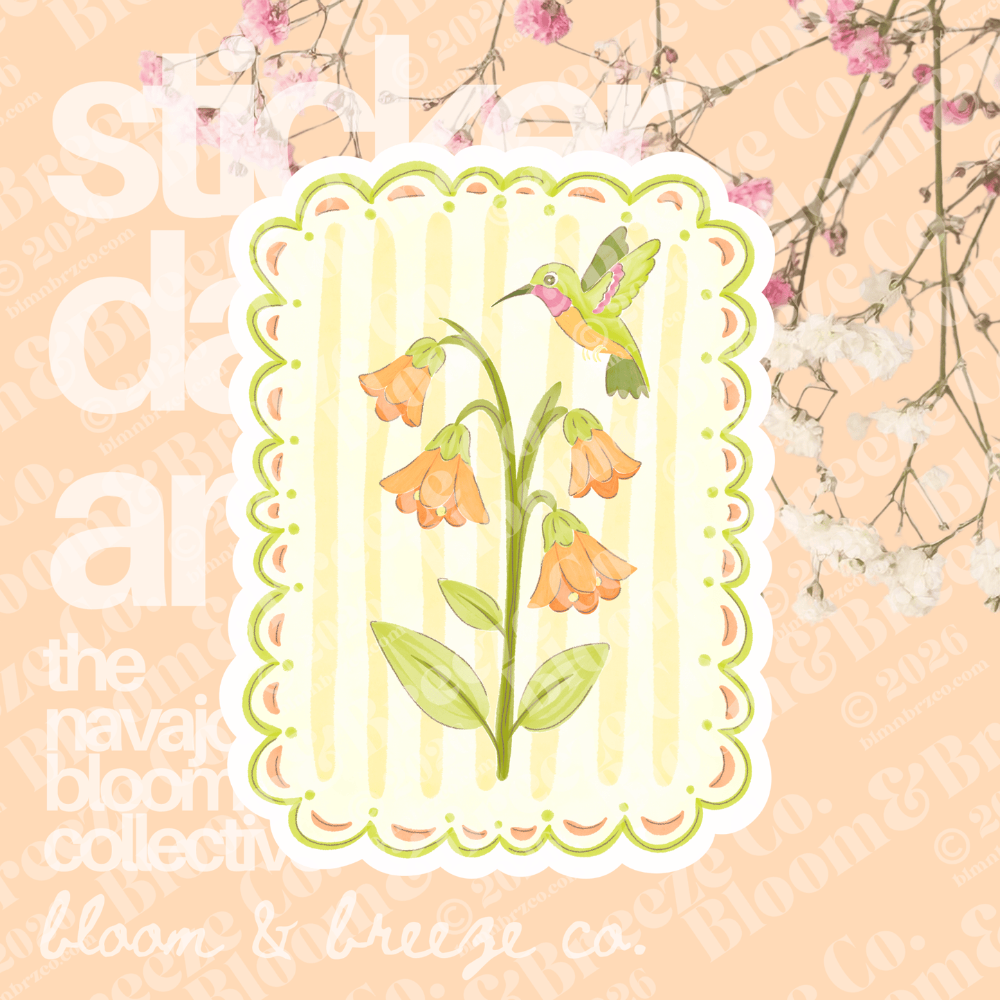 Watercolor sticker of hummingbird floating next to flower stock