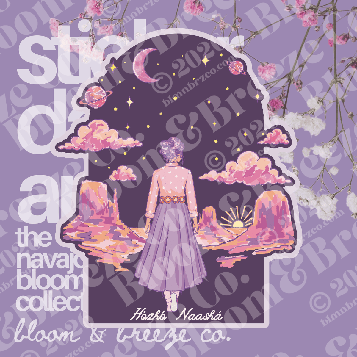 A stylized illustrated sticker or print design on a lavender background with floral branches. The central artwork shows a woman from behind wearing a pink and lavender outfit, standing in front of pink clouds, mountains, a crescent moon, stars, and a rising sun.