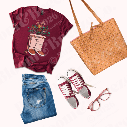 Flat lay outfit featuring a burgundy graphic T-shirt with illustrated wrap moccasins filled with flowers, styled with blue jeans, red canvas sneakers, pink glasses, and a quilted honey mustard floral tote bag.