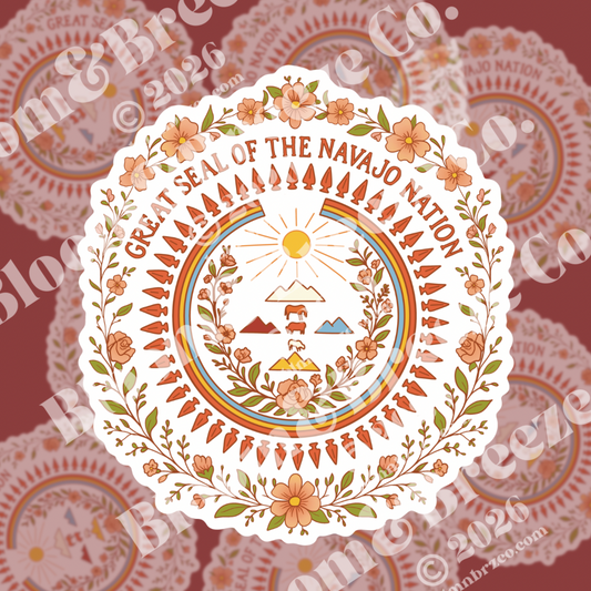 A Nation in Bloom sticker with a floral Great Seal of the Navajo Nation design, surrounded by peach blossoms, greenery, and arrow motifs in sunset colors.