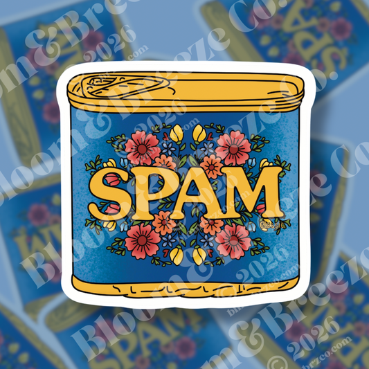 A Rez Classic sticker featuring a vintage blue canned meat design reimagined with bright floral illustrations and bold yellow lettering