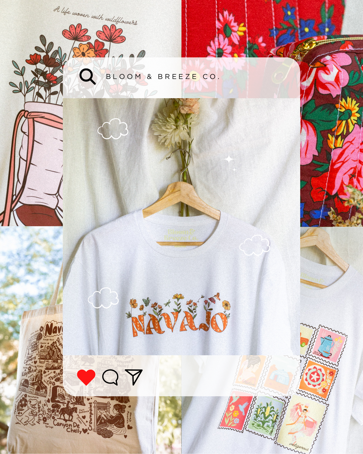 White Bloom & Breeze T-shirt with floral “Navajo” design, tote with Navajo landmark illustrations, and vintage stamp graphic shirt in a floral collage layout.