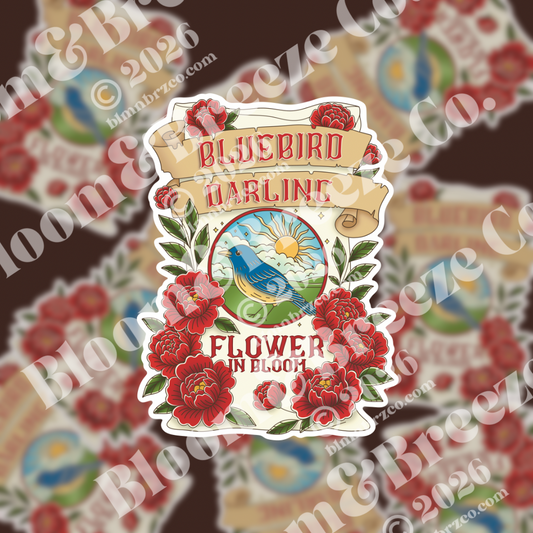 Bluebird Darling sticker featuring a vintage-inspired bluebird illustration framed by red flowers, with ‘Flower in Bloom’ text and retro banner design.