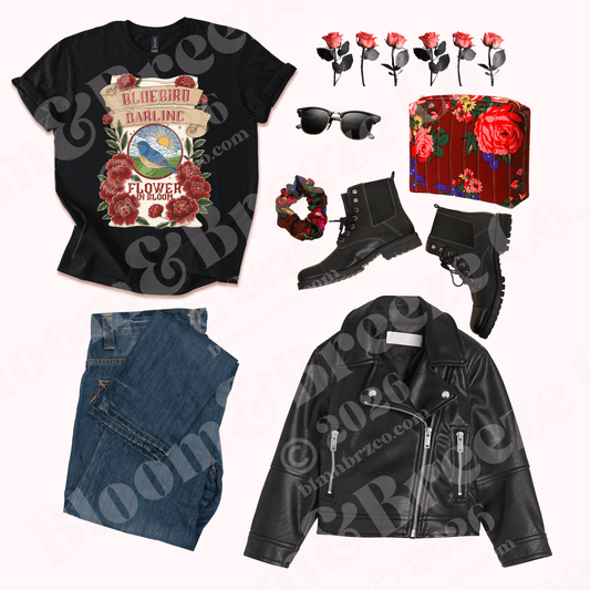 Collection of fashion items including a black t-shirt with bluebird darling print, jeans, leather jacket, boots, sunglasses, and a handbag on a white background.