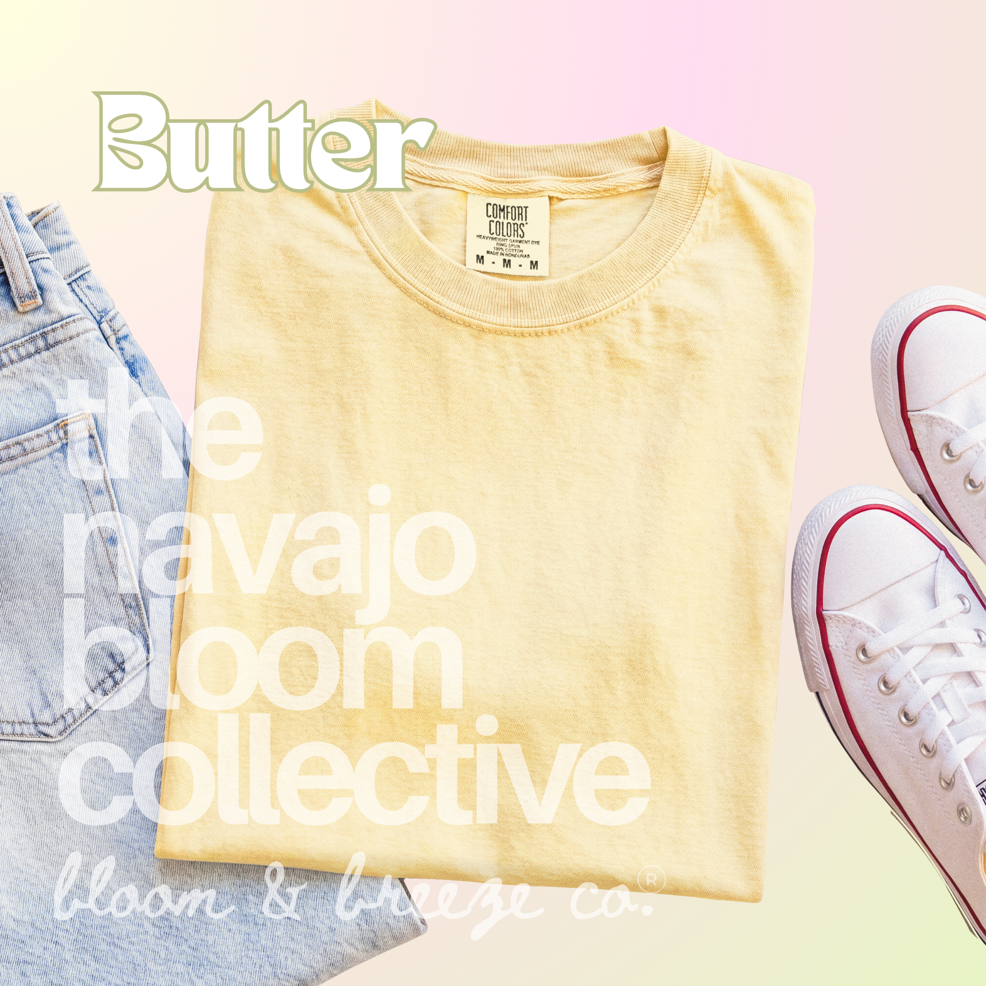 Yellow comfort colors flatlay with jeans and sneakers
