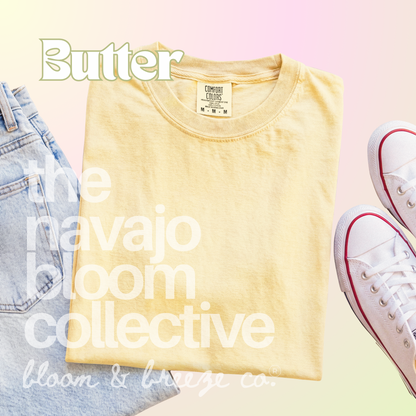 Yellow comfort colors flatlay with jeans and sneakers