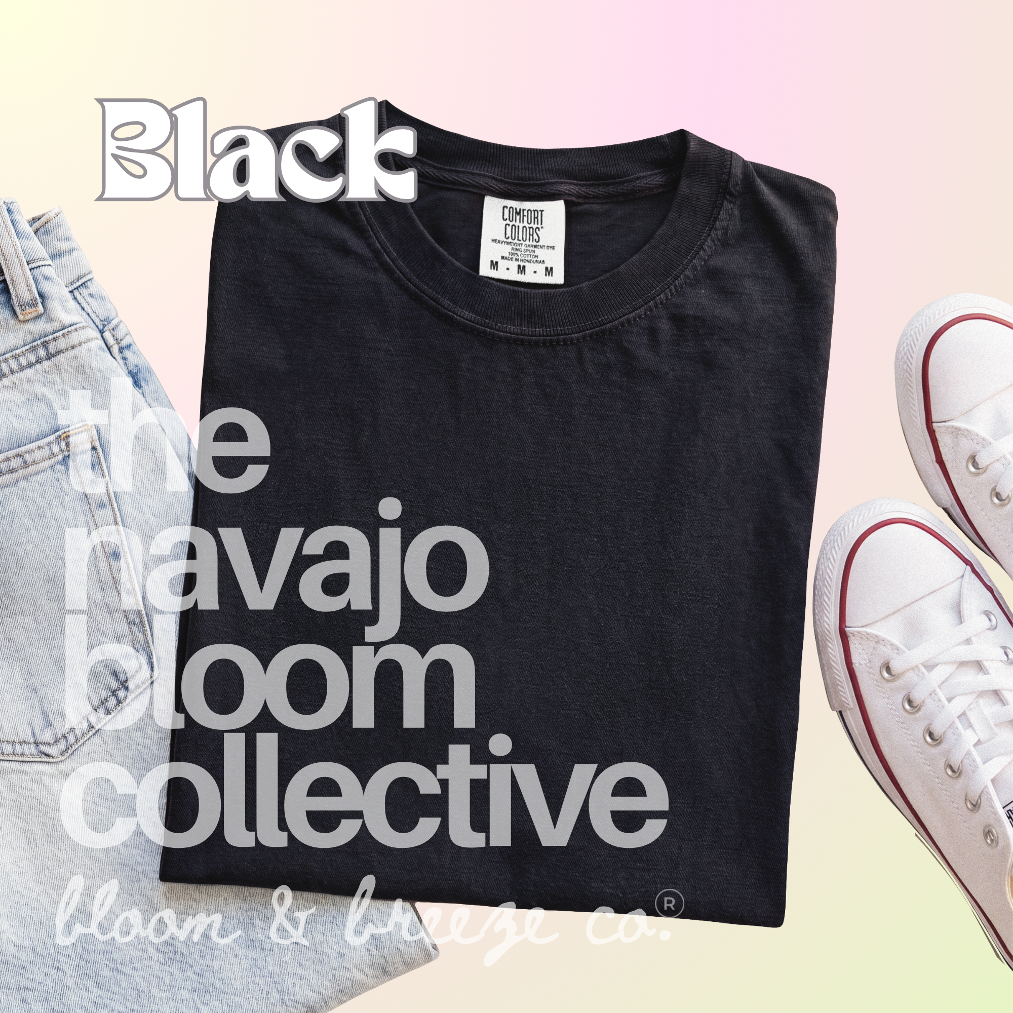 Black colored comfort colors flatlay with jeans and sneakers