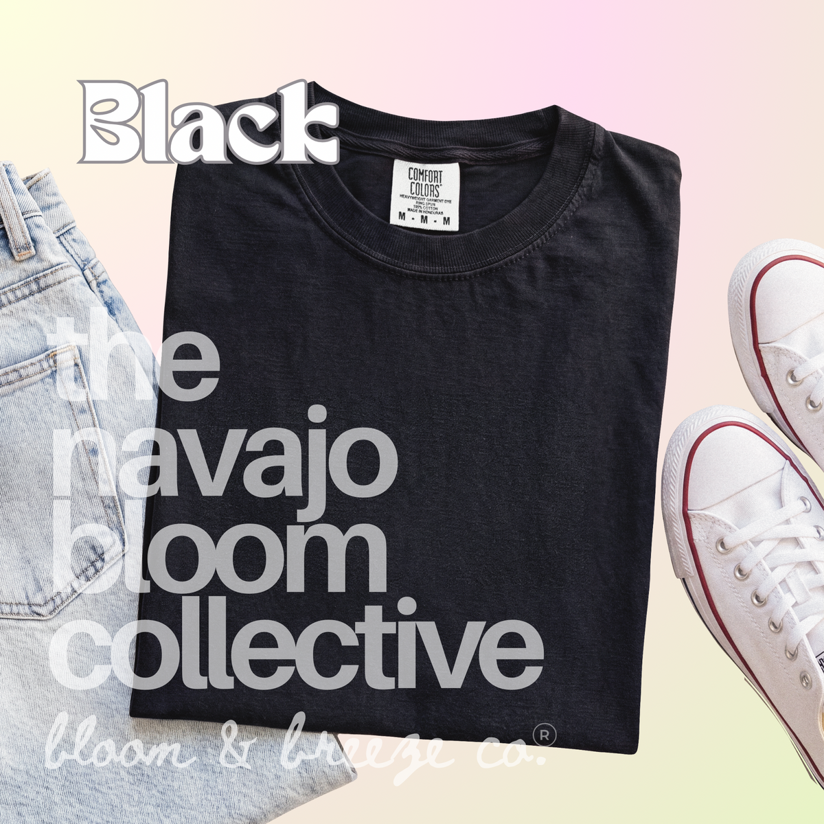 Black colored comfort colors flatlay with jeans and sneakers