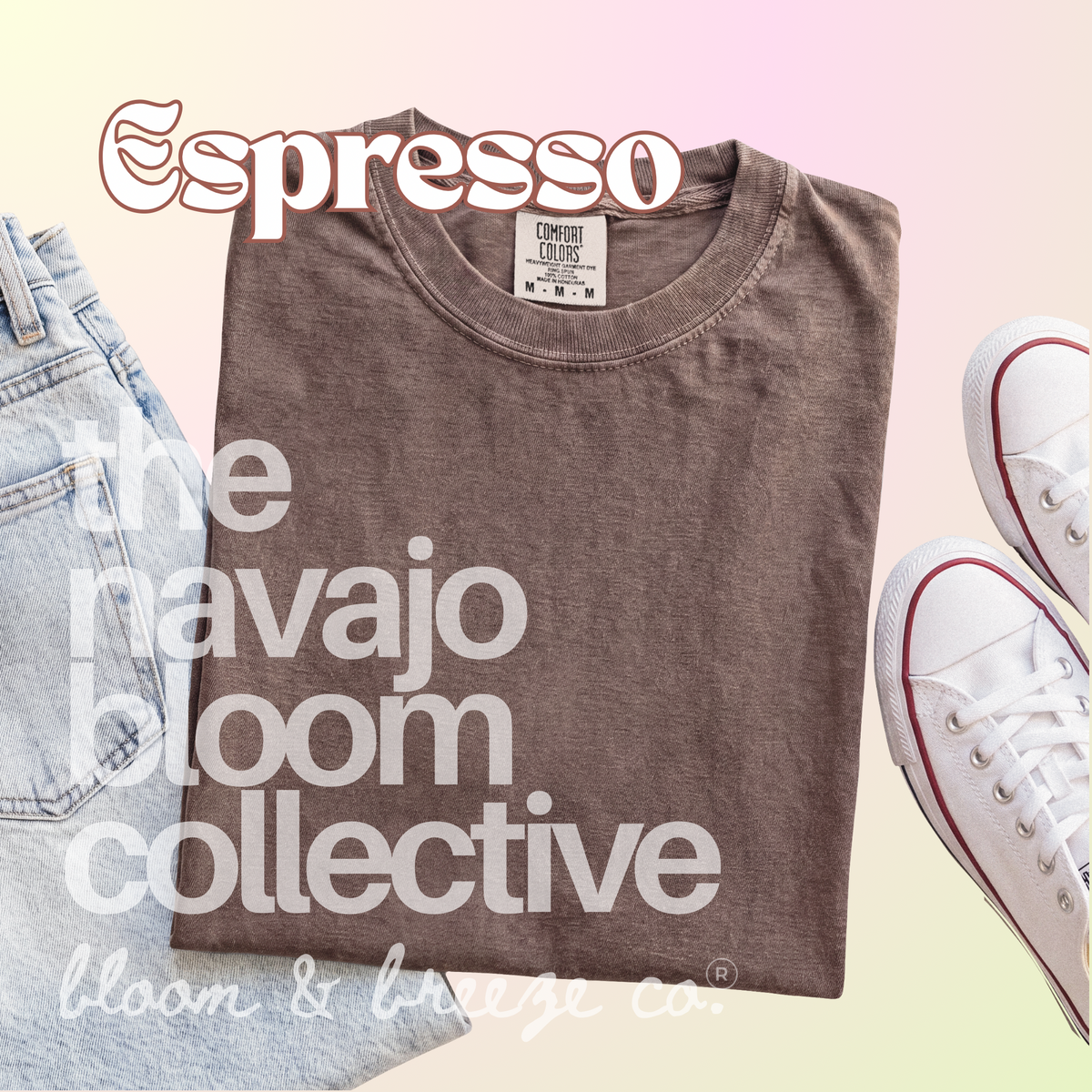 Dark faded brown colored comfort colors flatlay with jeans and sneakers