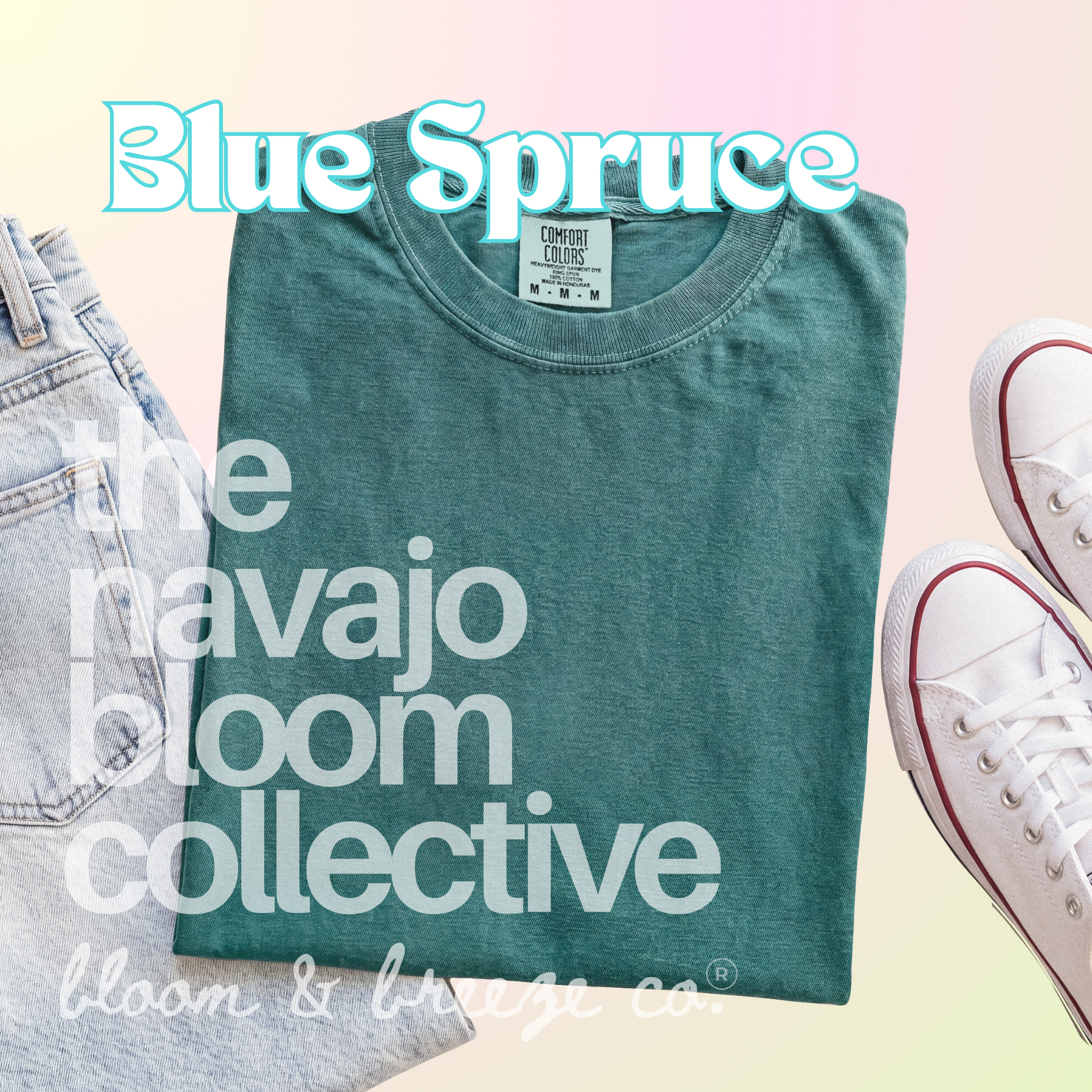 Dark bluish green colored comfort colors flatlay with jeans and sneakers