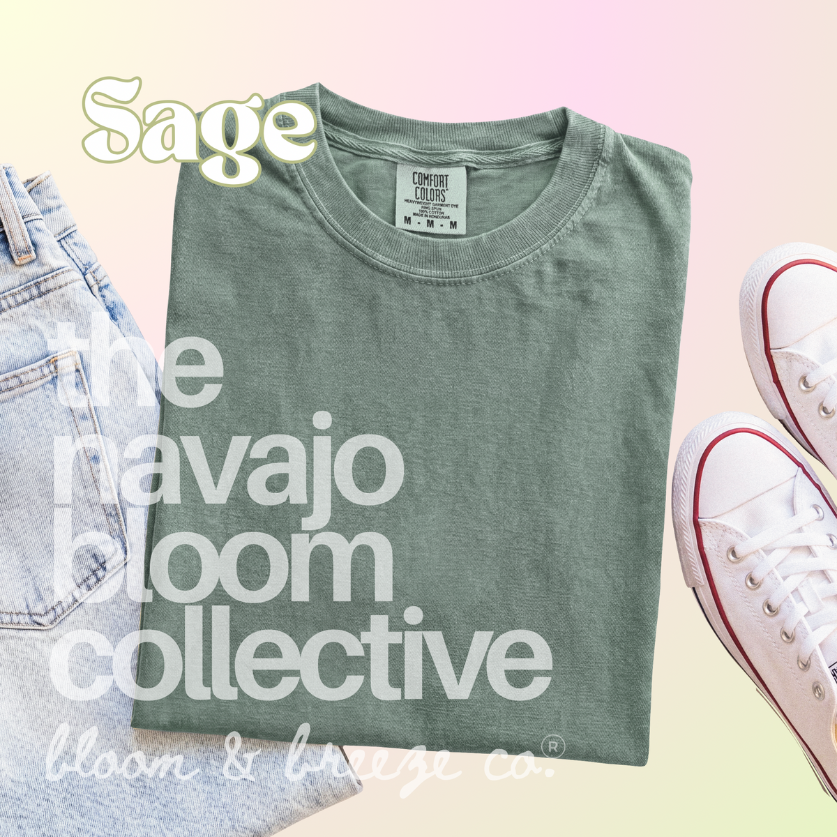 Sage green colored comfort colors flatlay with jeans and sneakers