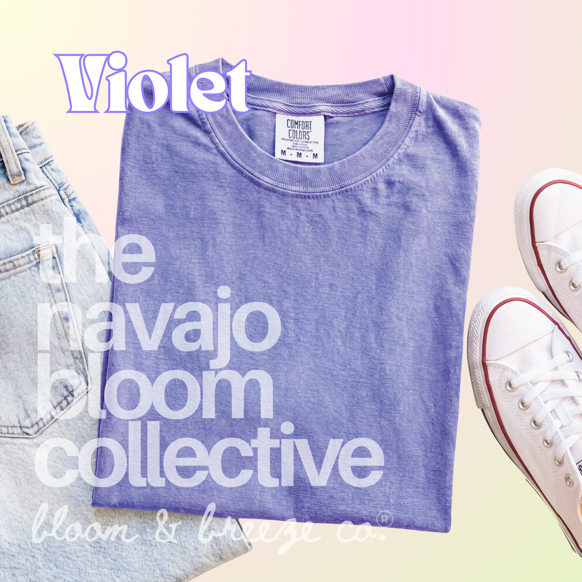 Violet colored comfort colors flatlay with jeans and sneakers