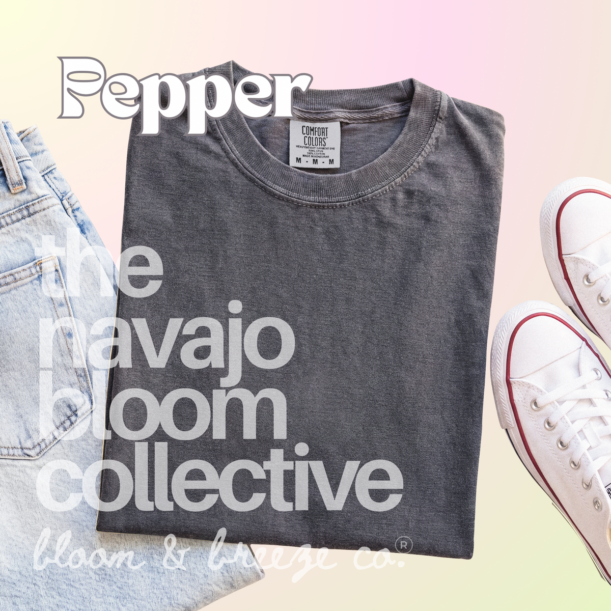 Dark faded grey colored comfort colors flatlay with jeans and sneakers