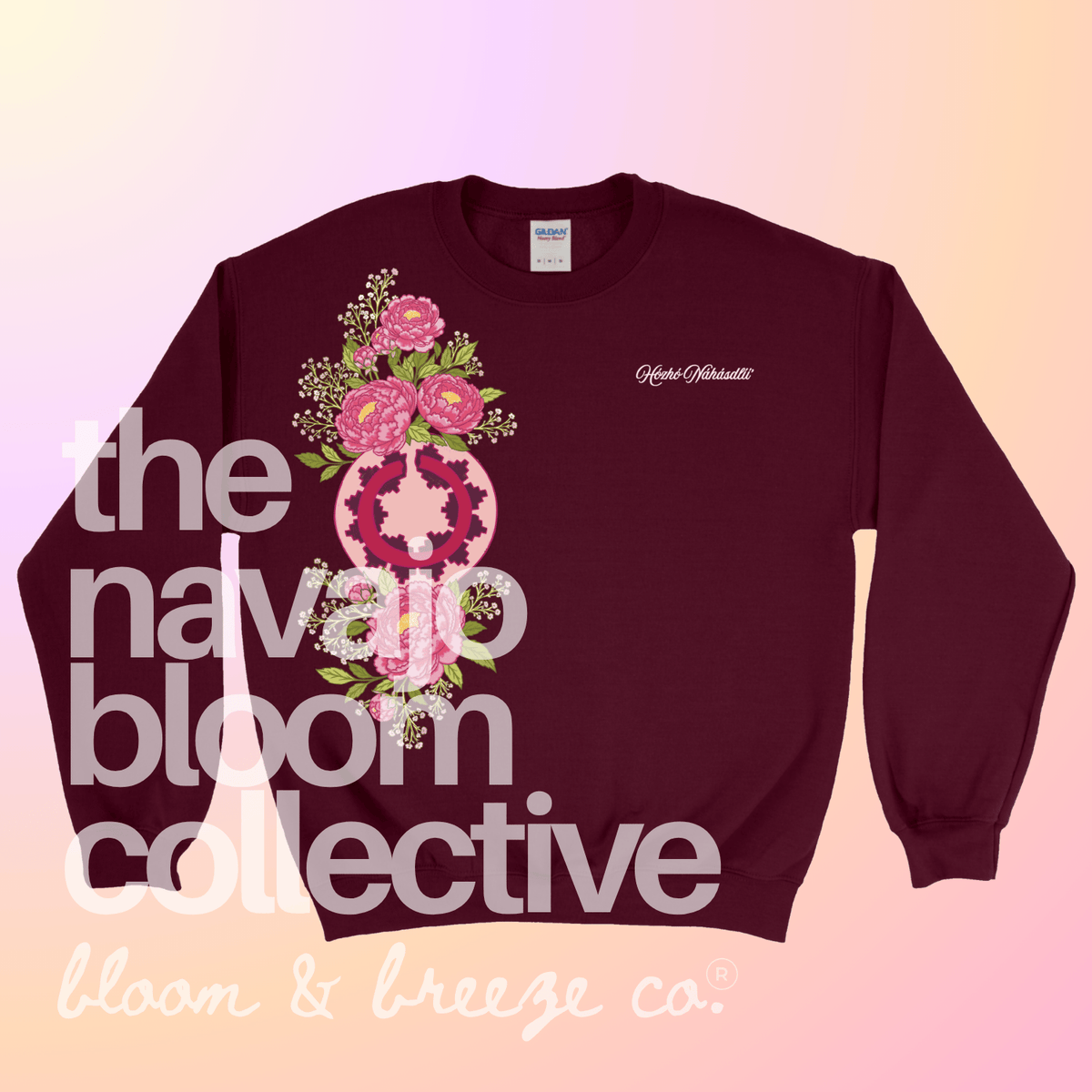 A burgundy crewneck sweatshirt featuring a pink and green floral graphic on the front, with 'House of Gallaudet' printed in white script on the chest. The sweatshirt is displayed against a soft pink and yellow gradient background with large white text overlays reading 'the navajo bloom collective' and 'bloom & breeze co.