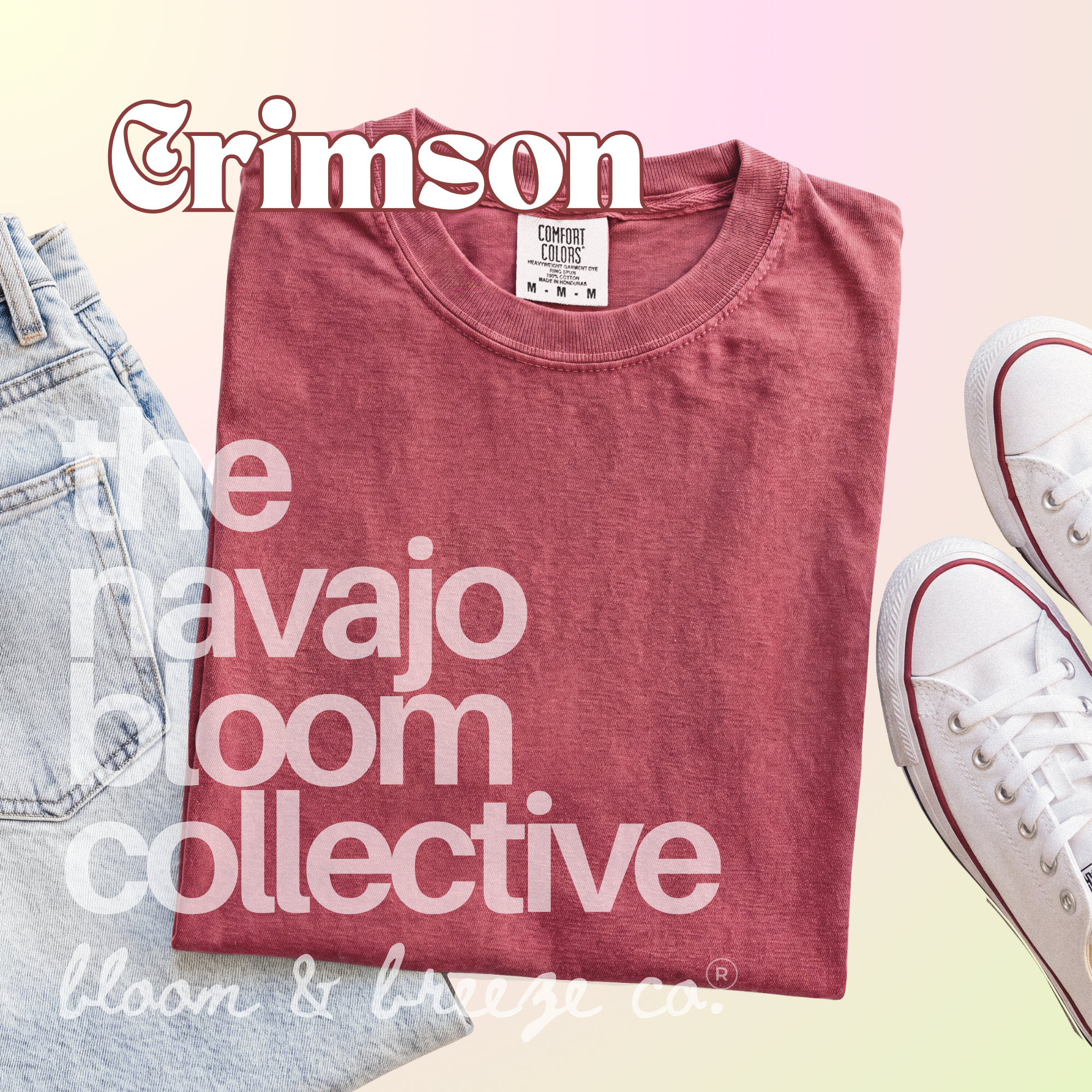 Faded red colored comfort colors flatlay with jeans and sneakers