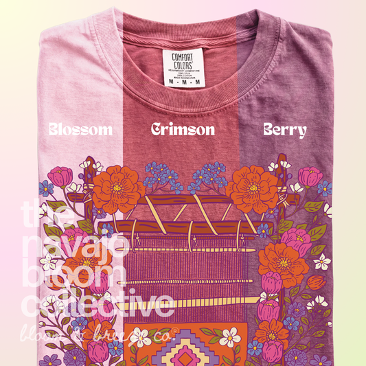 Wildflower Loom floral weaving design on a folded Comfort Colors tee, comparing pale pink, Crimson, and muted berry shades.