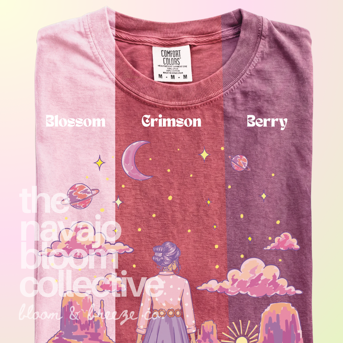 Starry Eyed Dreamer woman, desert mesas, moon, and planets design on a Comfort Colors tee, comparing Blossom, Crimson, and Berry.
