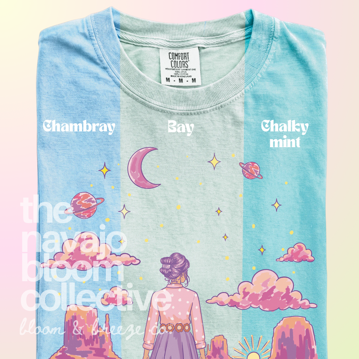 Starry Eyed Dreamer woman, desert mesas, moon, and planets design on a Comfort Colors tee, comparing Chambray, Bay, and Chalky Mint.