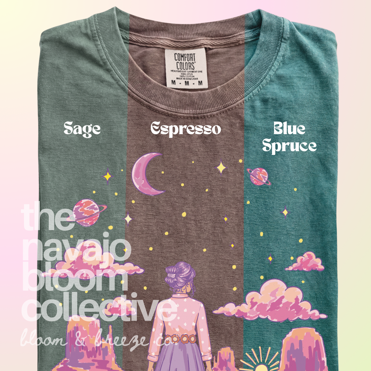 Starry Eyed Dreamer woman, desert mesas, moon, and planets design on a Comfort Colors tee, comparing Sage, Espresso, and Blue Spruce.