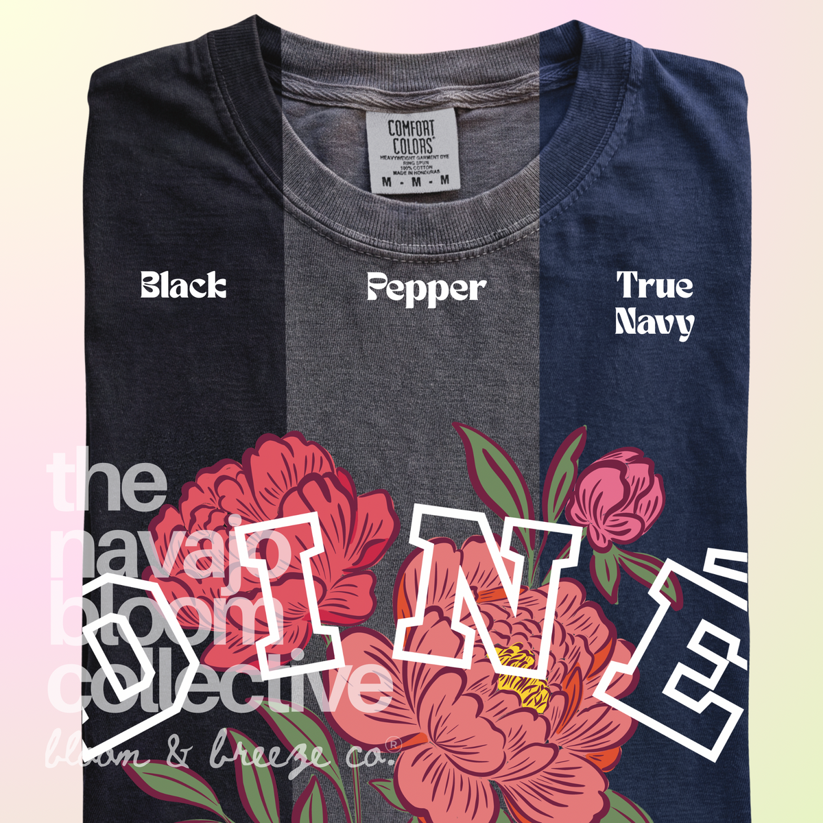 Diné Blossom floral tee in Black, Pepper, and True Navy.
