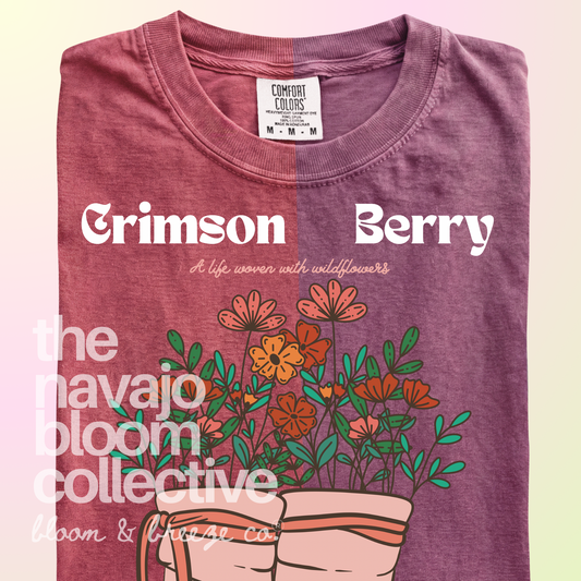 Moccasins filled with wildflowers on Crimson and Berry Comfort Colors tees.