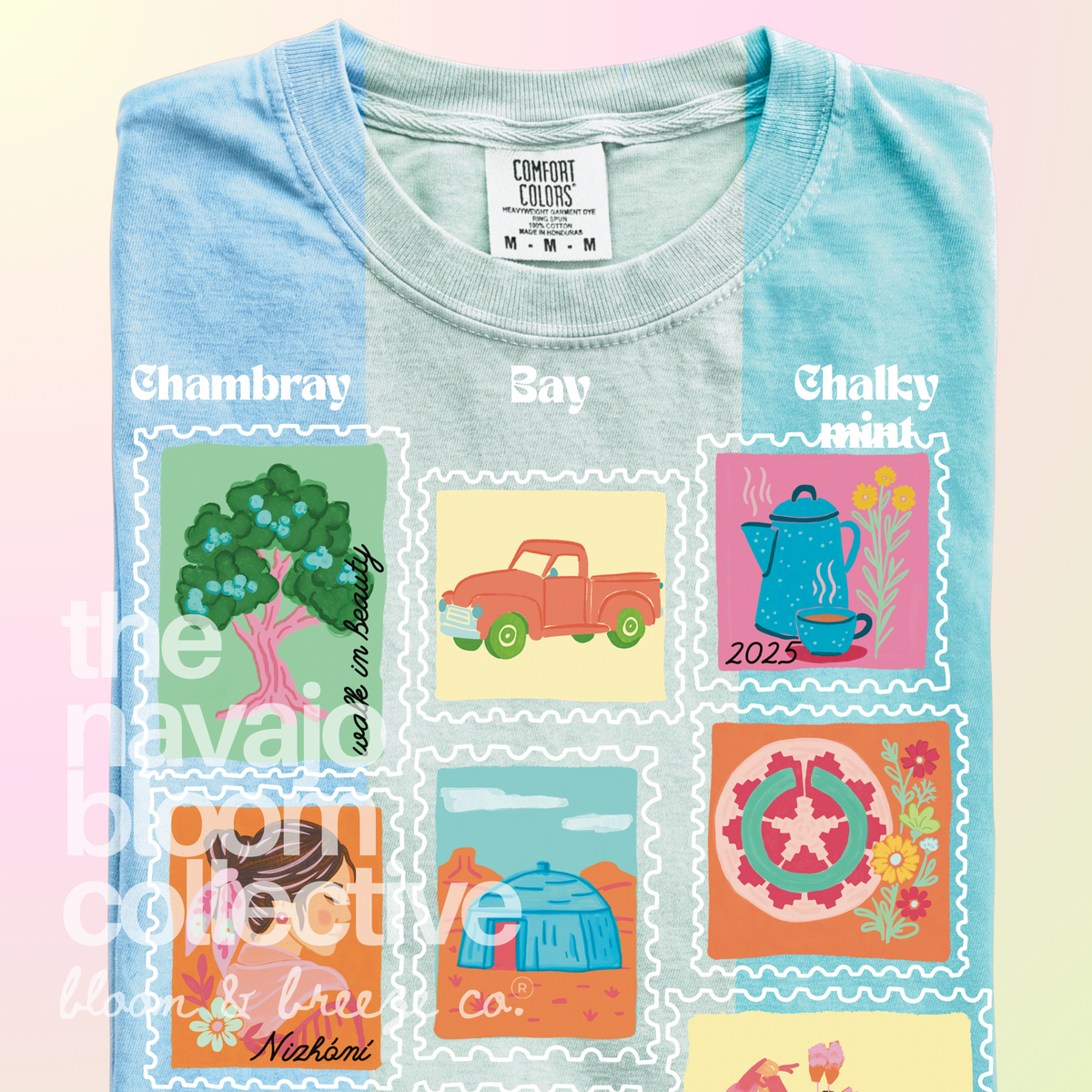 Dear Nizhóní stamp-style artwork on a folded Comfort Colors tee, comparing Chambray, Bay, and Chalky Mint.