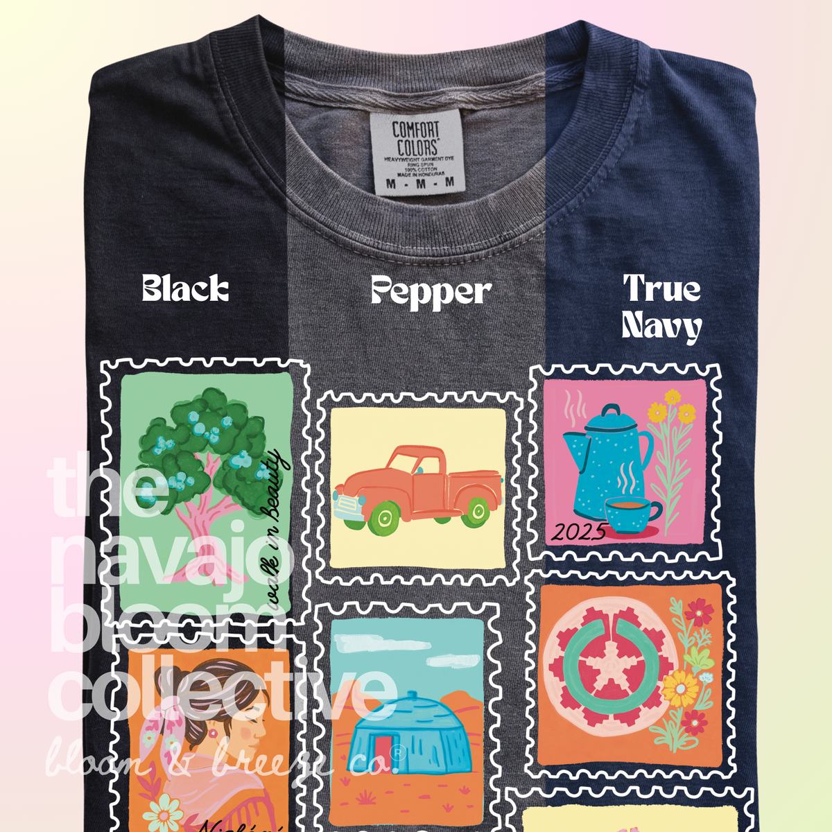 Dear Nizhóní stamp-style artwork on a folded Comfort Colors tee, comparing Black, Pepper, and True Navy.