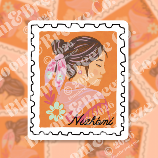 Dear Nizhoni sticker featuring an illustrated Navajo woman in profile with a ribbon in her hair, framed like a vintage postage stamp in warm orange tones.