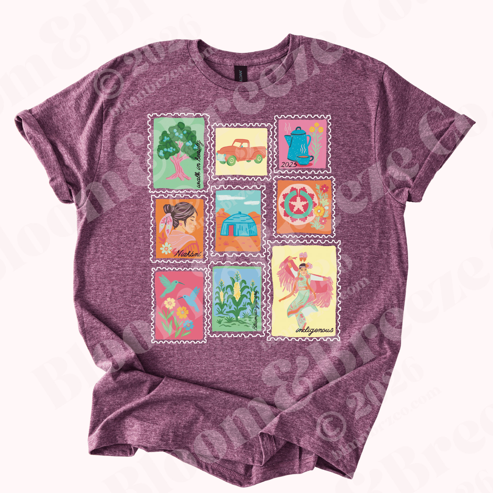Heather maroon t-shirt with colorful graphic stamp designs with navajo inspired art on a white background