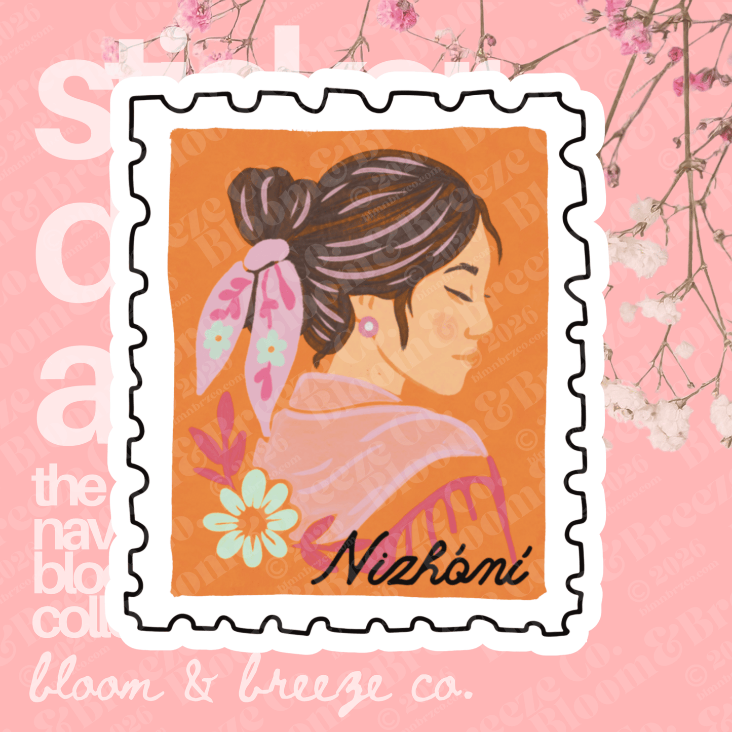 Illustration of a woman with a headband on a pink background with floral elements, featuring the brand 'Nizhoni' and 'Bloom & Breeze Co'.