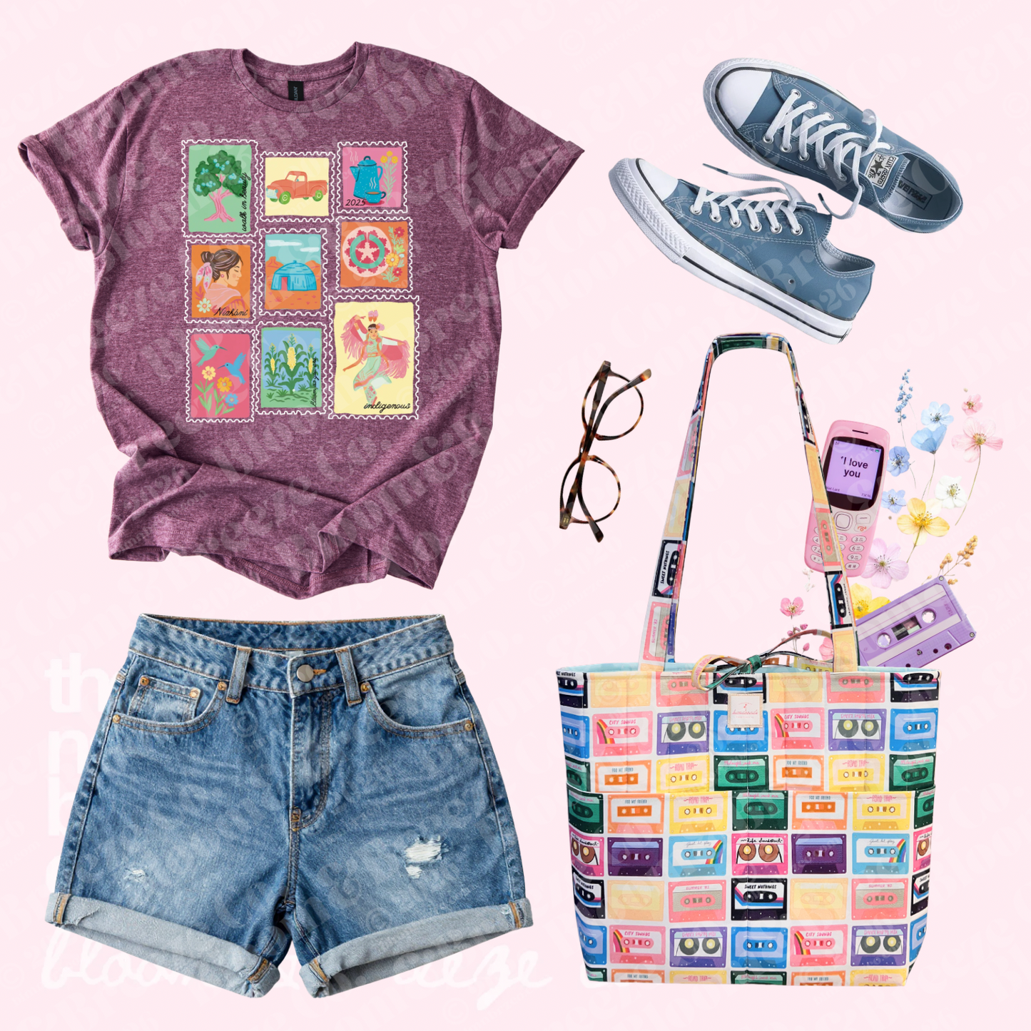 blue sneakers with maroon shirt, blue jean shorts and a colorful cassette tape patterned quilted bag