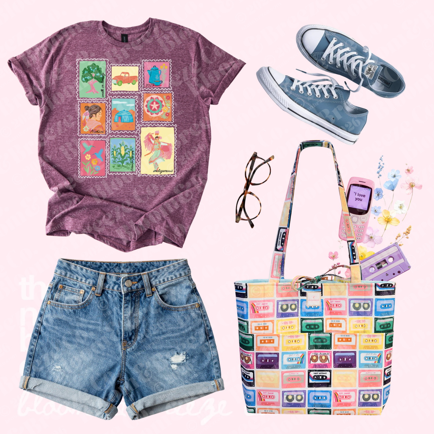 blue sneakers with maroon shirt, blue jean shorts and a colorful cassette tape patterned quilted bag
