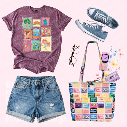 blue sneakers with maroon shirt, blue jean shorts and a colorful cassette tape patterned quilted bag