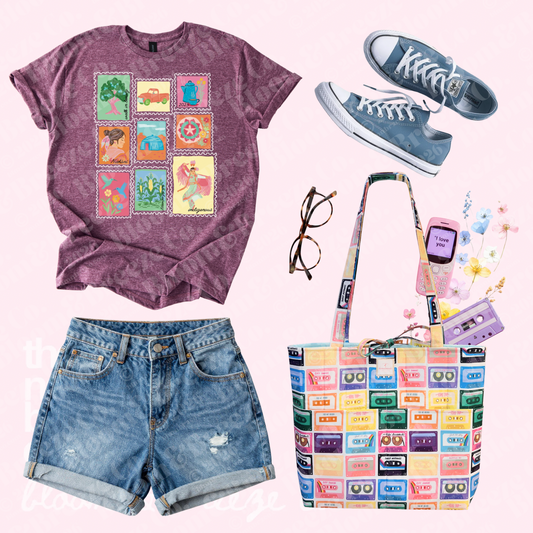 blue sneakers with maroon shirt, blue jean shorts and a colorful cassette tape patterned quilted bag
