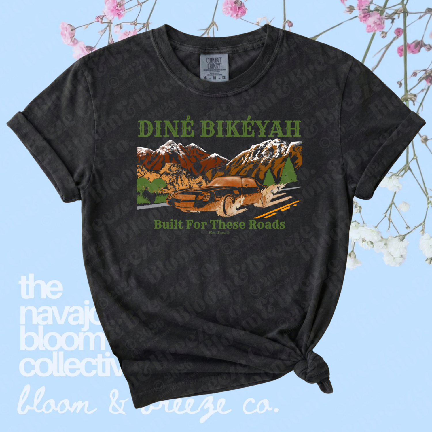 Black Diné Bikéyah graphic tee with a vintage road and mountain design on a soft blue floral background.