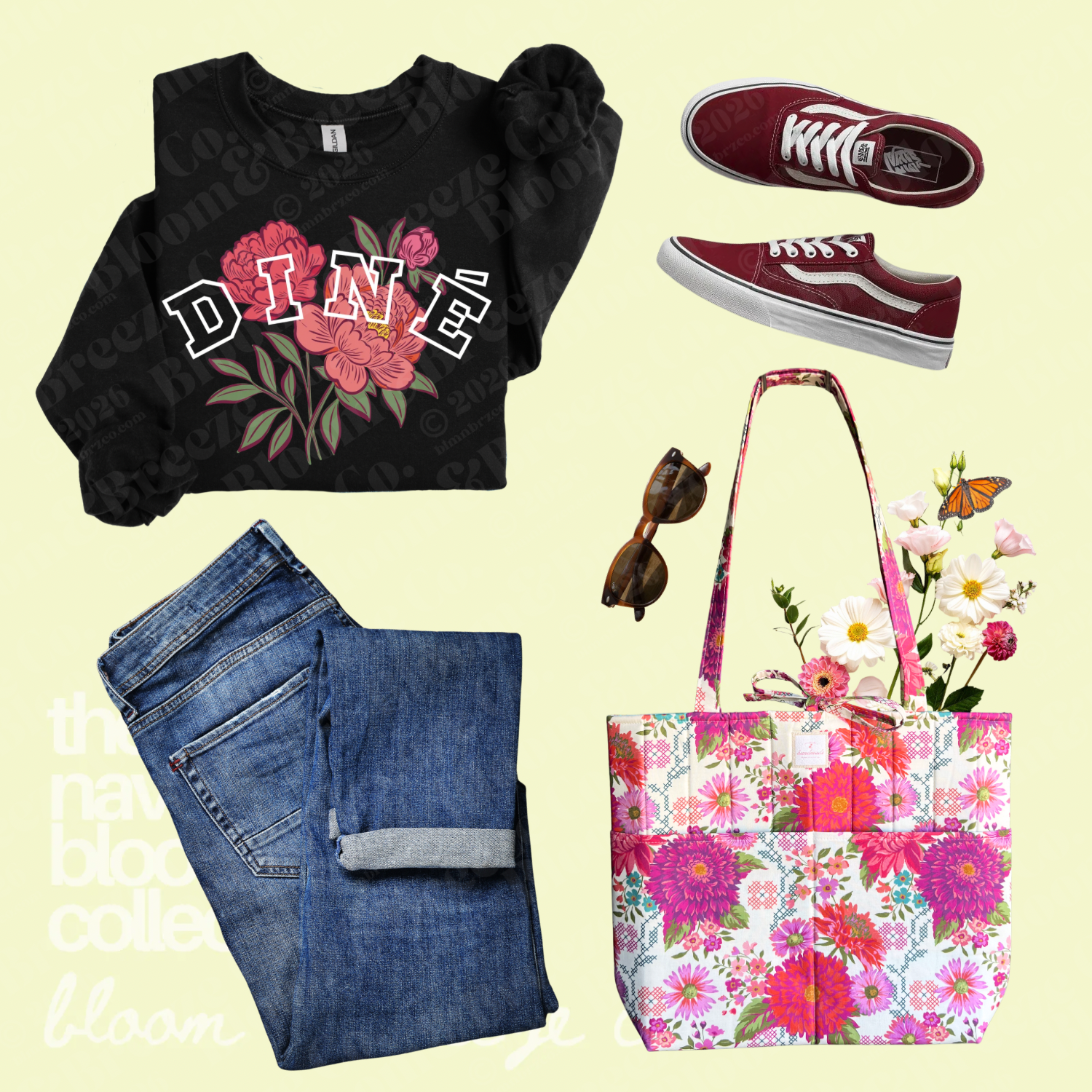 Black Diné floral sweatshirt styled with cuffed jeans, red sneakers, sunglasses, and a bright floral quilted tote bag.