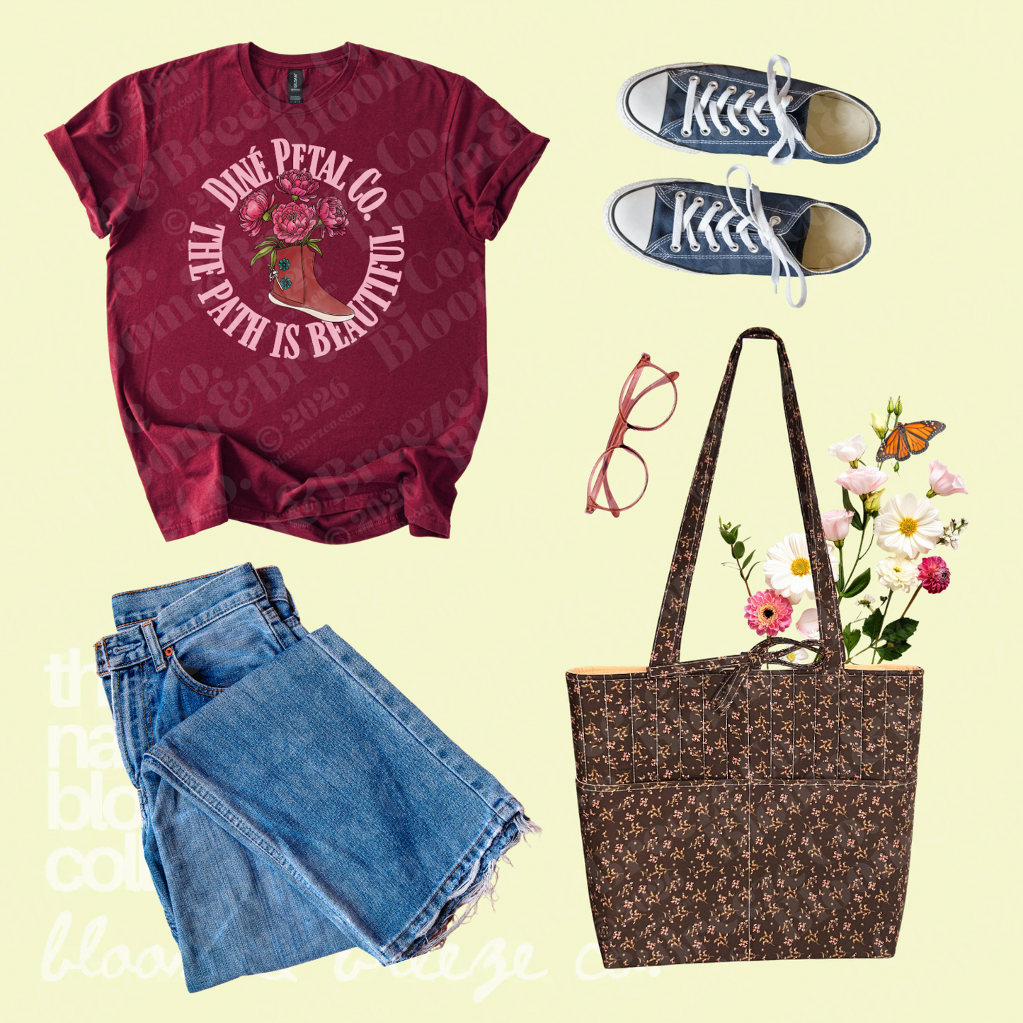 Maroon Diné Petal Co. graphic tee styled with light wash jeans, navy sneakers, pink glasses, and a brown floral quilted tote bag.